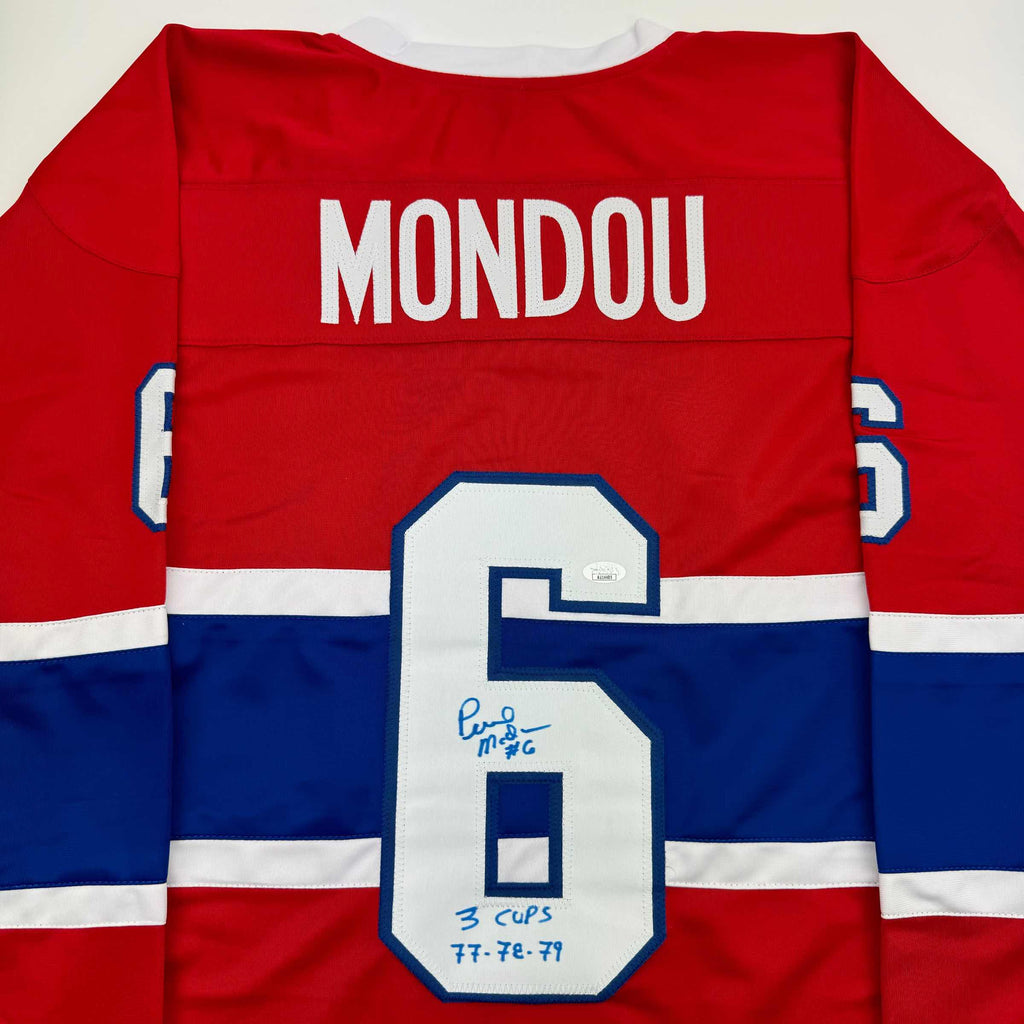 autographed-signed-pierre-mondou-3-cups-77-78-79-montreal-red-hockey-jersey-jsa-coa