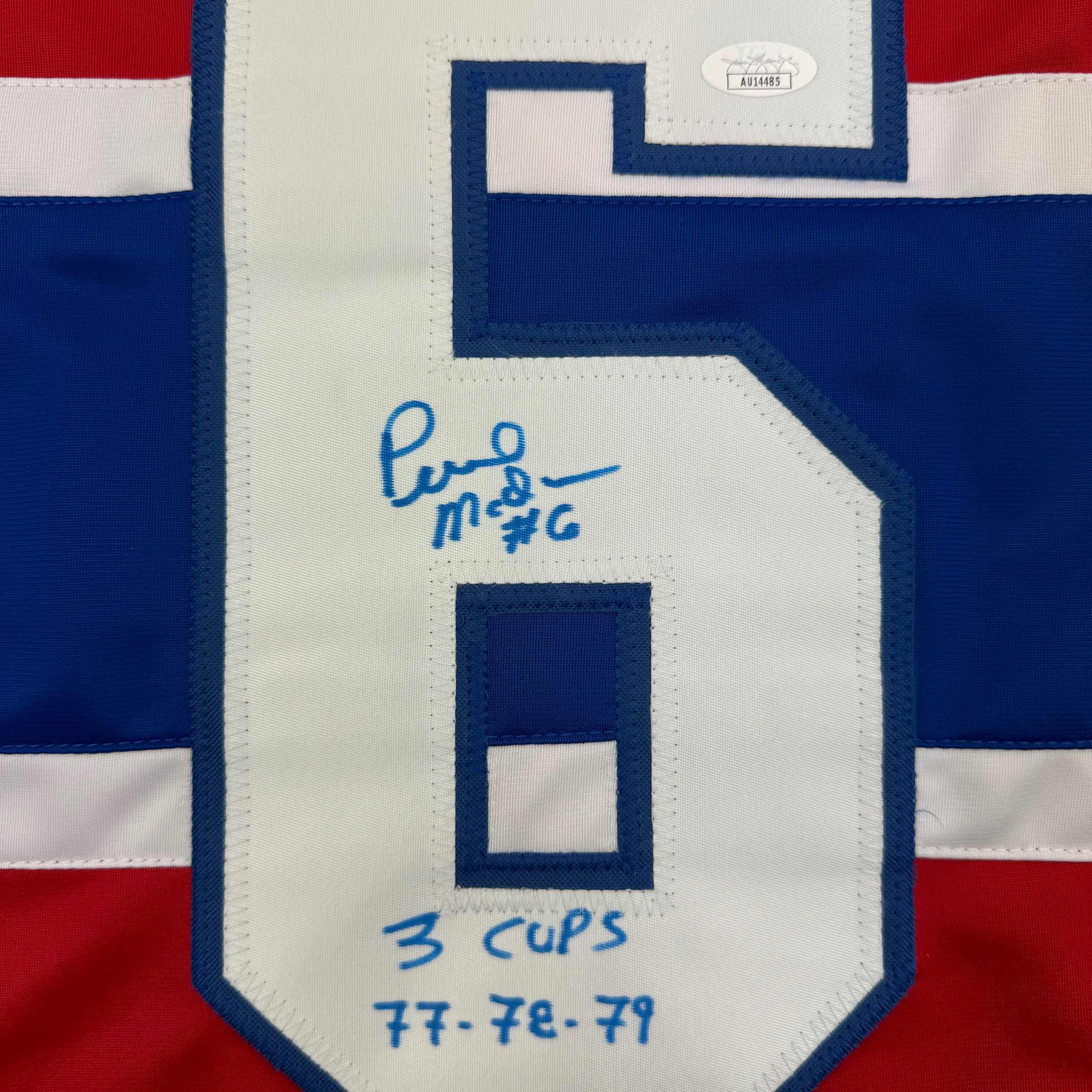 autographed-signed-pierre-mondou-3-cups-77-78-79-montreal-red-hockey-jersey-jsa-coa