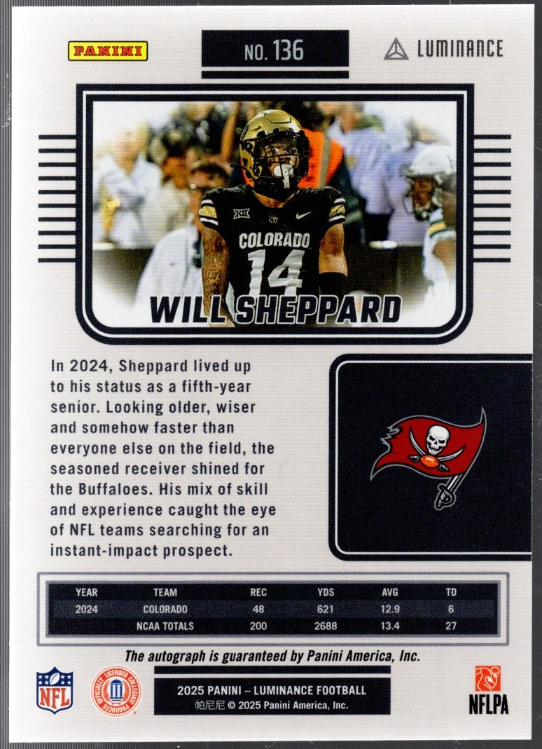 2025-panini-luminance-will-sheppard-136-auto-700-tampa-bay-buccaneers-rookie-rc-football-card