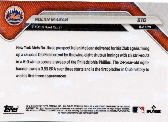 2025-topps-now-nolan-mclean-616-gold-foil-50-new-york-mets-rookie-rc-baseball-card