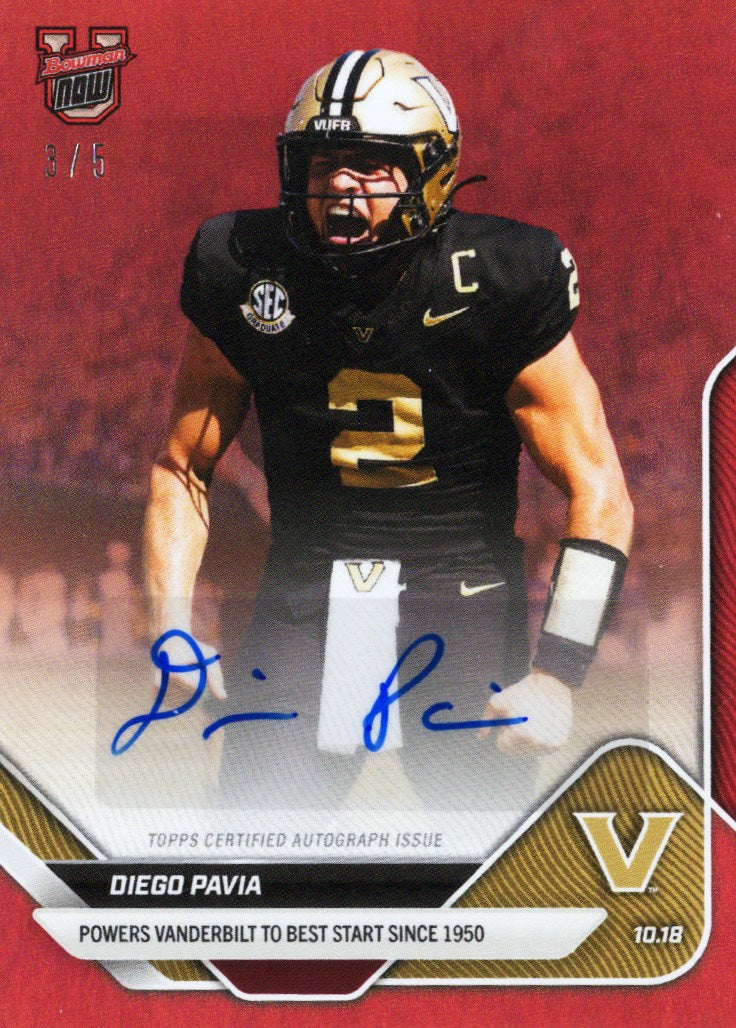 2025-topps-bowman-u-now-diego-pavia-31b-red-auto-5-vanderbilt-commodores-rookie-rc-football-card