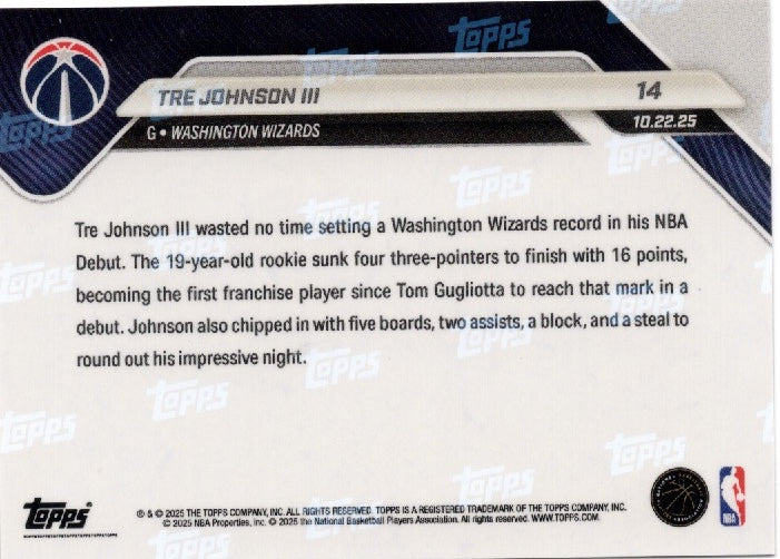 2025-topps-now-tre-johnson-14-green-foil-99-washington-wizards-rookie-rc-basketball-card