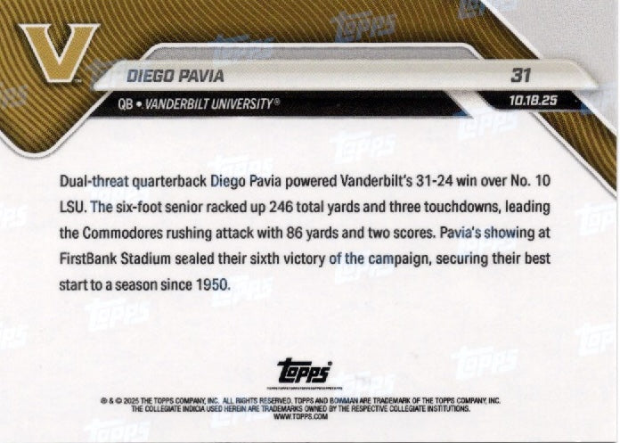 2025-topps-bowman-u-now-diego-pavia-31-gold-foil-50-vanderbilt-commodores-rookie-rc-football-card