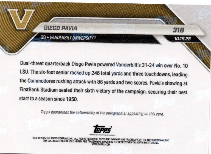 2025-topps-bowman-u-now-diego-pavia-31b-red-auto-5-vanderbilt-commodores-rookie-rc-football-card