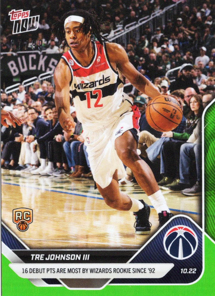 2025-topps-now-tre-johnson-14-green-foil-99-washington-wizards-rookie-rc-basketball-card