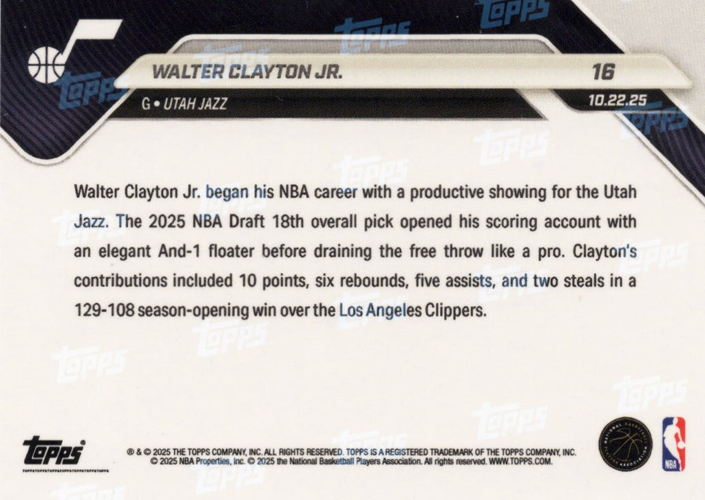 2025-topps-now-walter-clayton-jr-16-gold-foil-50-utah-jazz-rookie-rc-basketball-card