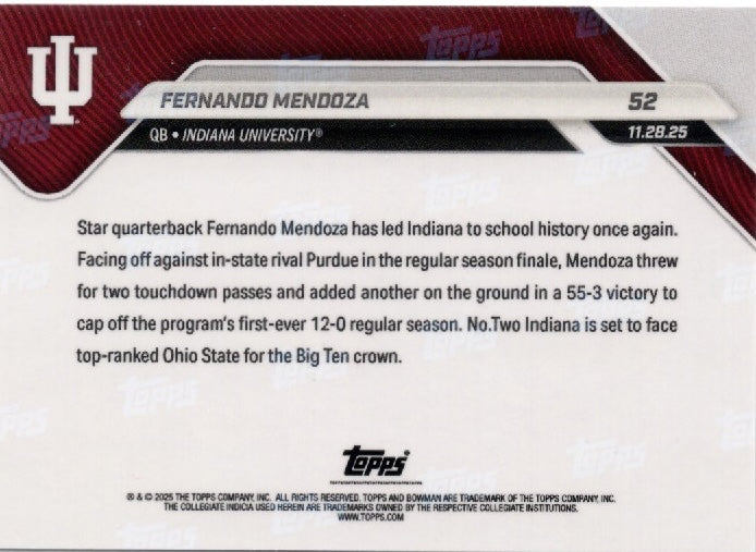 2025-topps-bowman-u-now-fernando-mendoza-52-orange-foil-25-indiana-hoosiers-rookie-rc-football-card