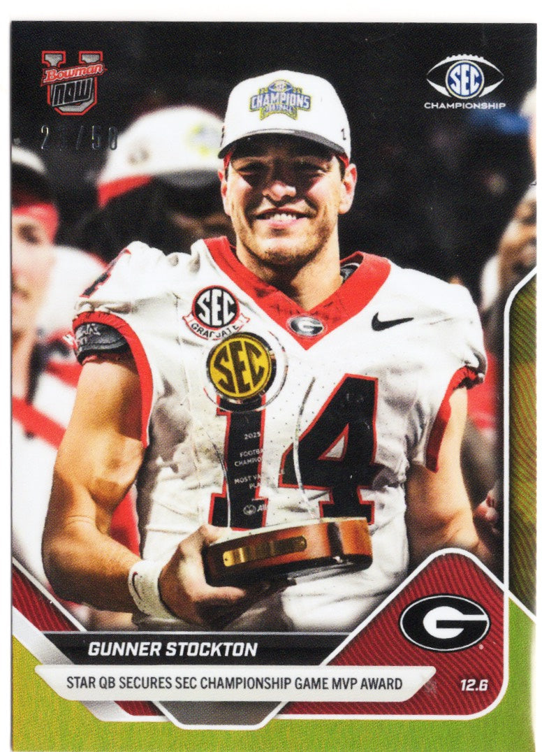 2025-topps-bowman-u-now-gunner-stockton-57-gold-foil-50-georgia-bulldogs-rookie-rc-football-card