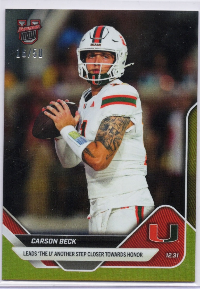 2025-topps-bowman-u-now-carson-beck-63-gold-foil-50-miami-hurricanes-rookie-rc-football-card