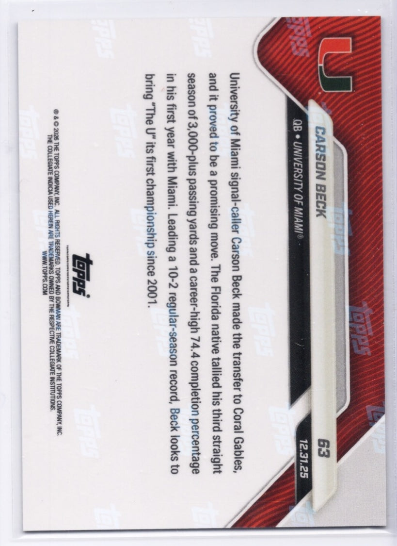 2025-topps-bowman-u-now-carson-beck-63-orange-foil-25-miami-hurricanes-rookie-rc-football-card