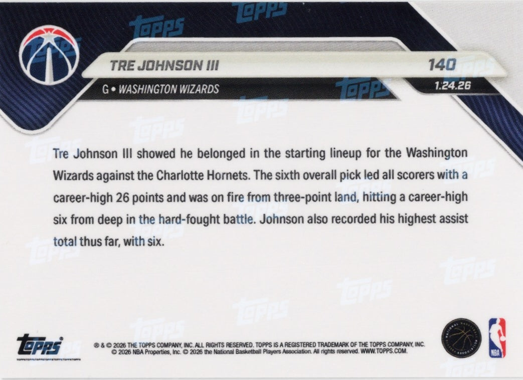 2025-topps-now-tre-johnson-140-orange-foil-25-washington-wizards-rookie-rc-basketball-card
