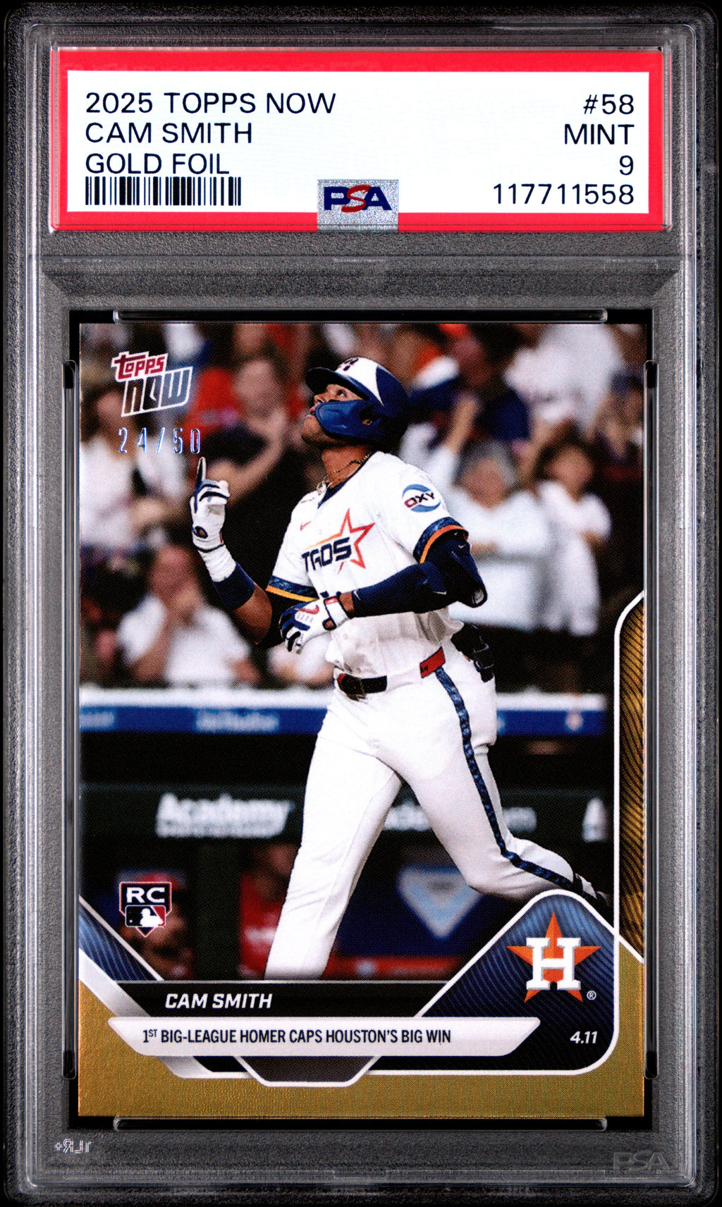 Graded 2025 Topps Now Cam Smith #58 Gold Foil /50 Rookie RC Baseball Card PSA 9 Mint
