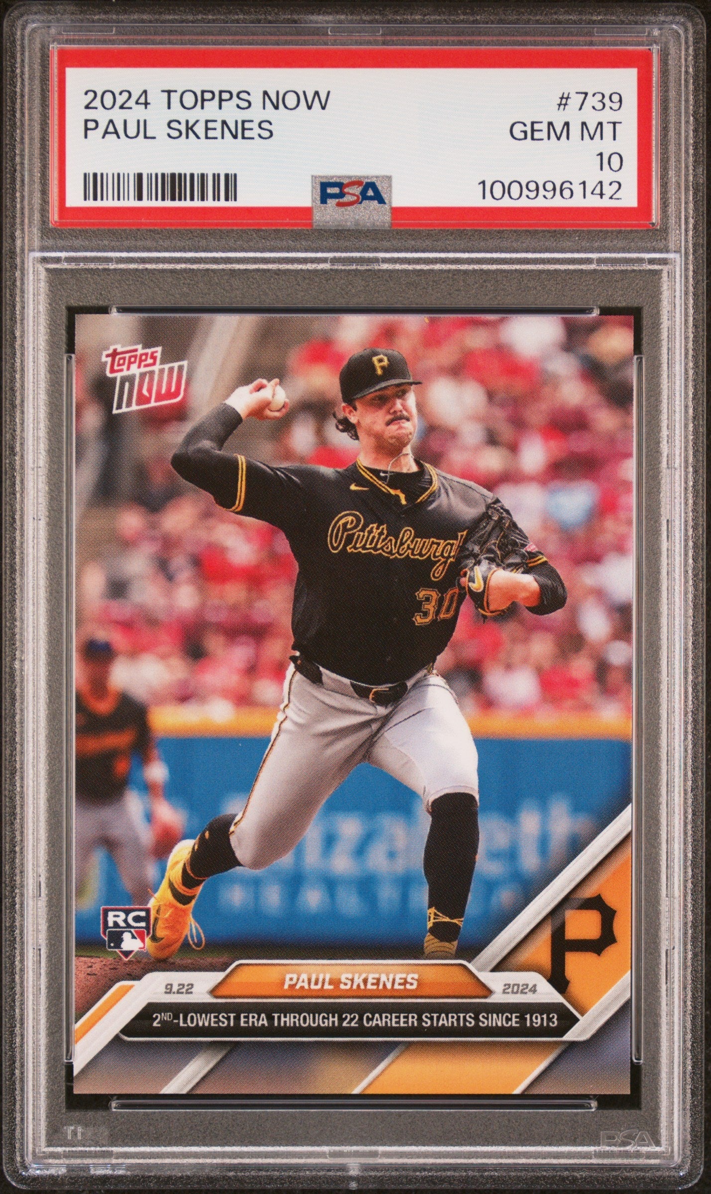Graded 2024 Topps Now Paul Skenes #739 2nd Lowest ERA Through 22 Career Starts Since 1913 Rookie RC Baseball Card PSA 10 Gem Mint