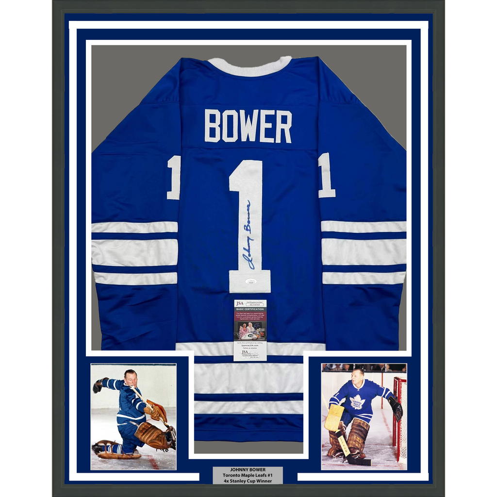 Framed Autographed/Signed Johnny Bower 35x39 Toronto Blue Hockey Jersey JSA COA