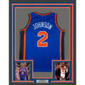 Framed Autographed/Signed Larry Johnson 35x39 New York Blue Basketball Jersey Steiner COA