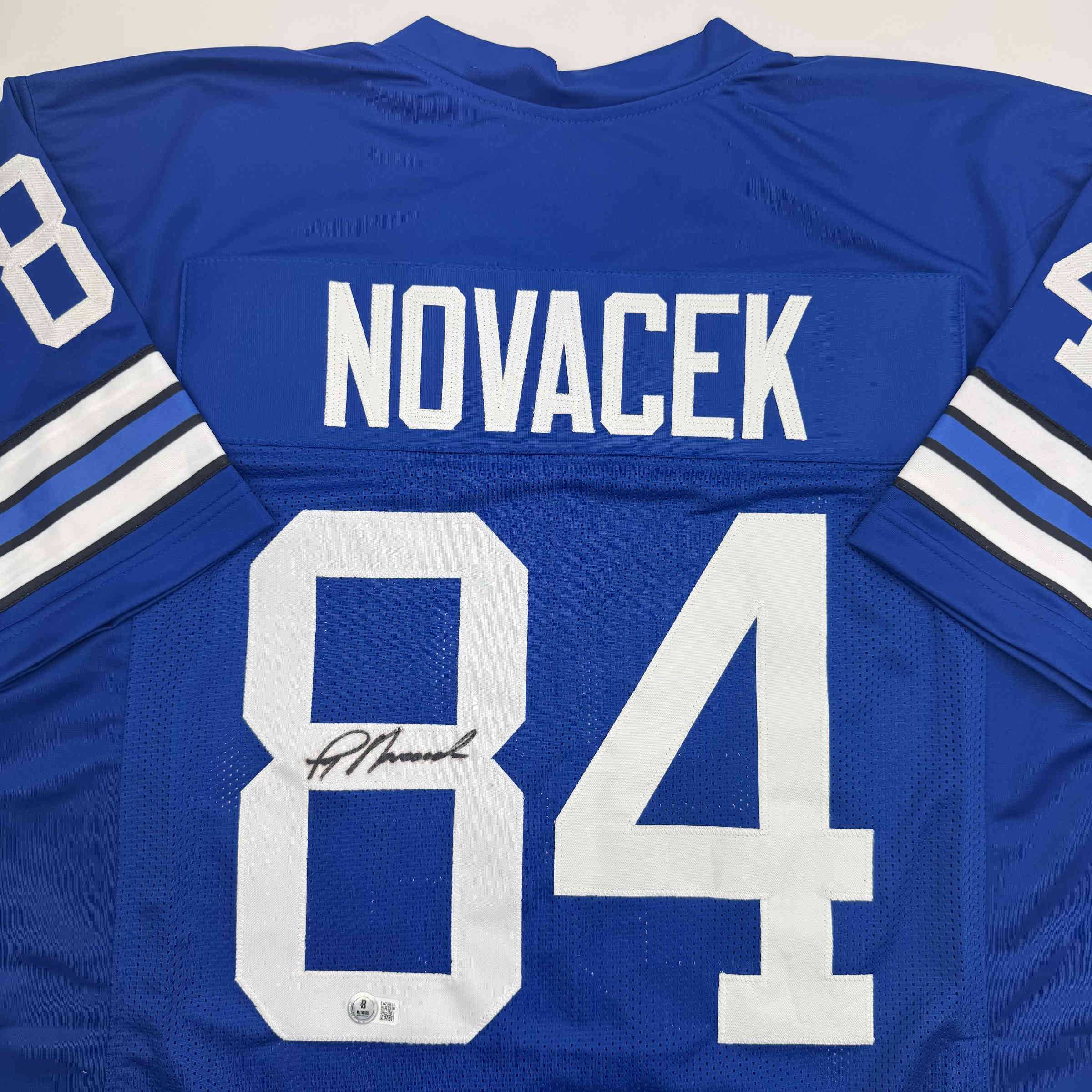 autographed-signed-jay-novacek-dallas-blue-football-jersey-beckett-bas-coa