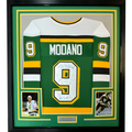 Framed Autographed/Signed Mike Modano HOF 2014 35x39 Minnesota Green Hockey Jersey Beckett BAS COA