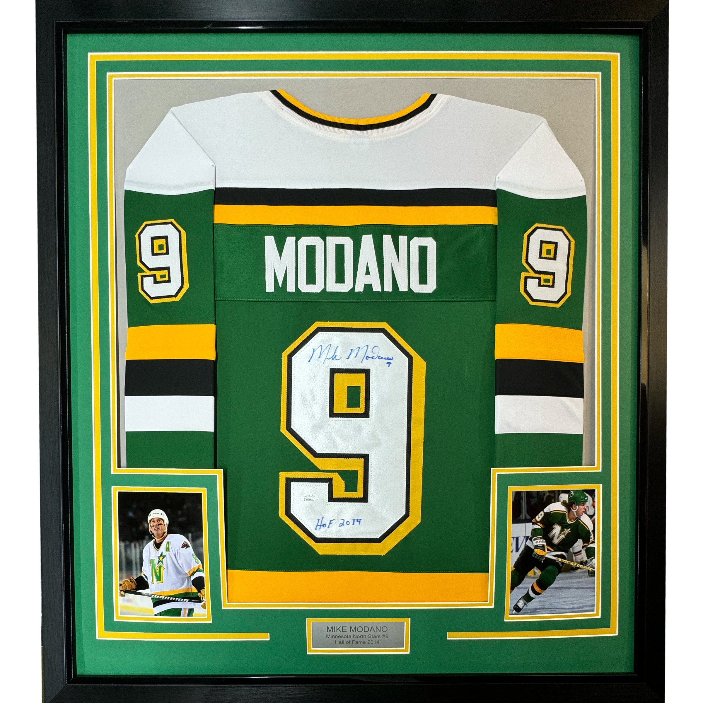 Framed Autographed/Signed Mike Modano HOF 2014 35x39 Minnesota Green Hockey Jersey Beckett BAS COA