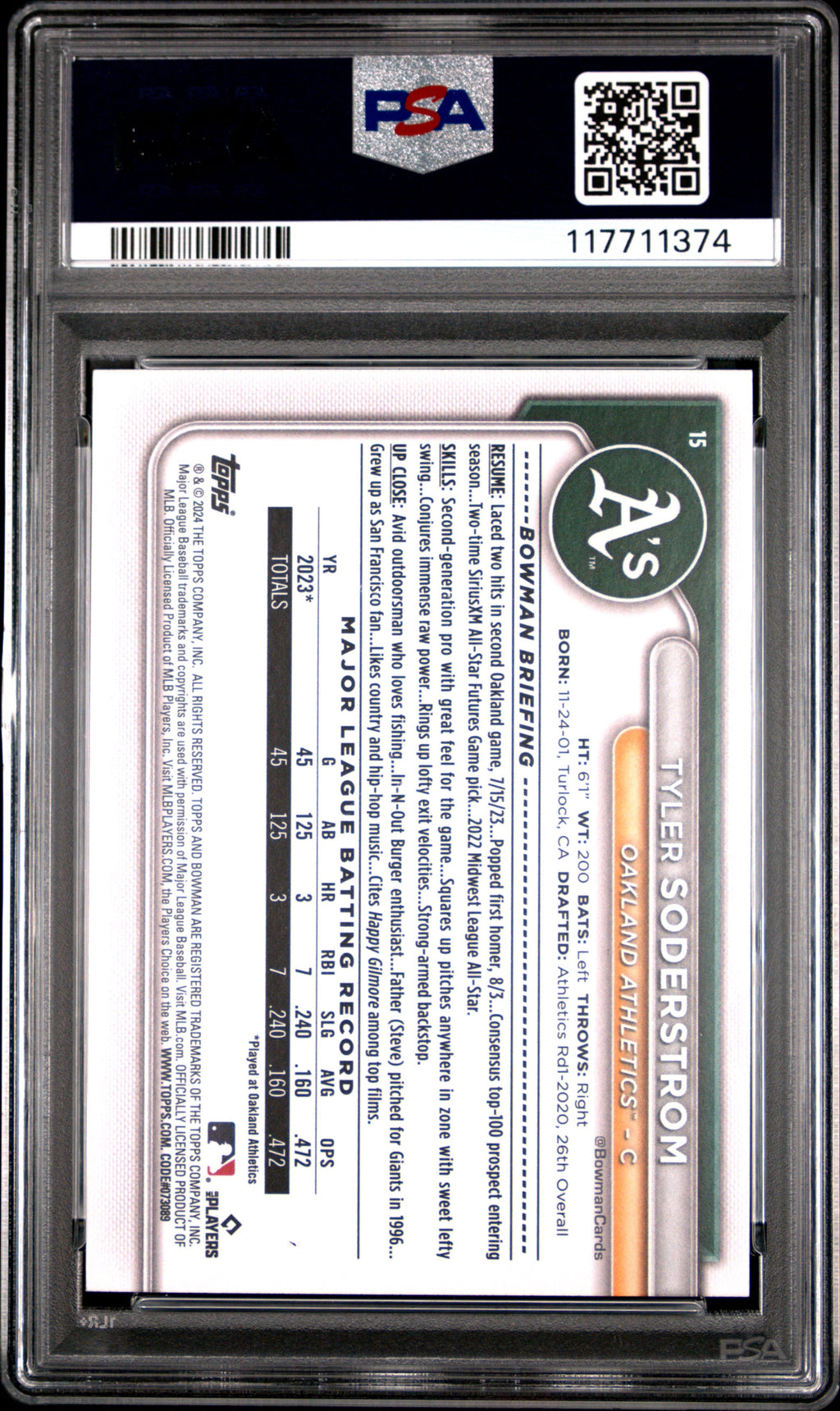 Graded 2024 Topps Bowman Tyler Soderstrom #15 Rookie RC Baseball Card PSA 9 Mint