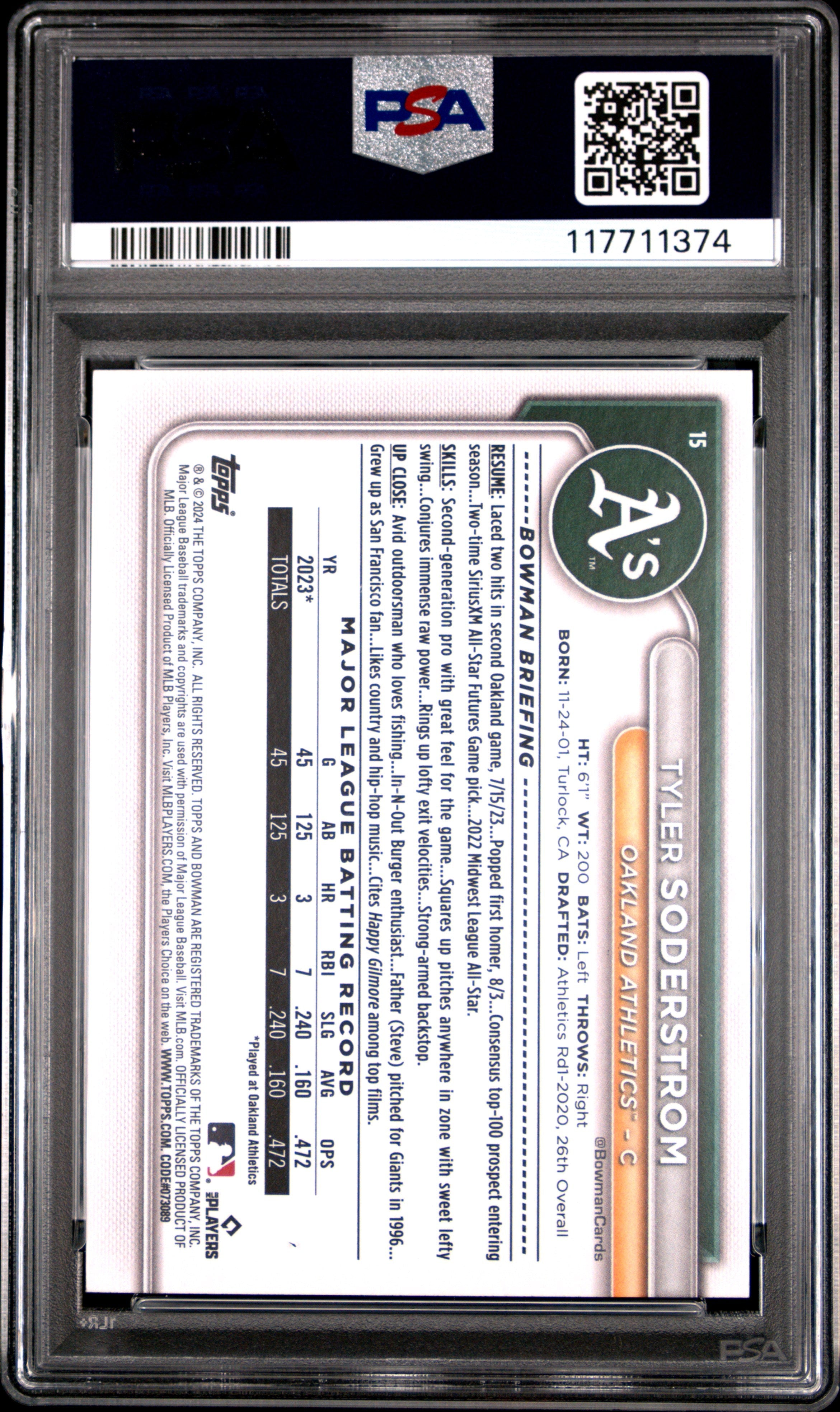 Graded 2024 Topps Bowman Tyler Soderstrom #15 Rookie RC Baseball Card PSA 9 Mint