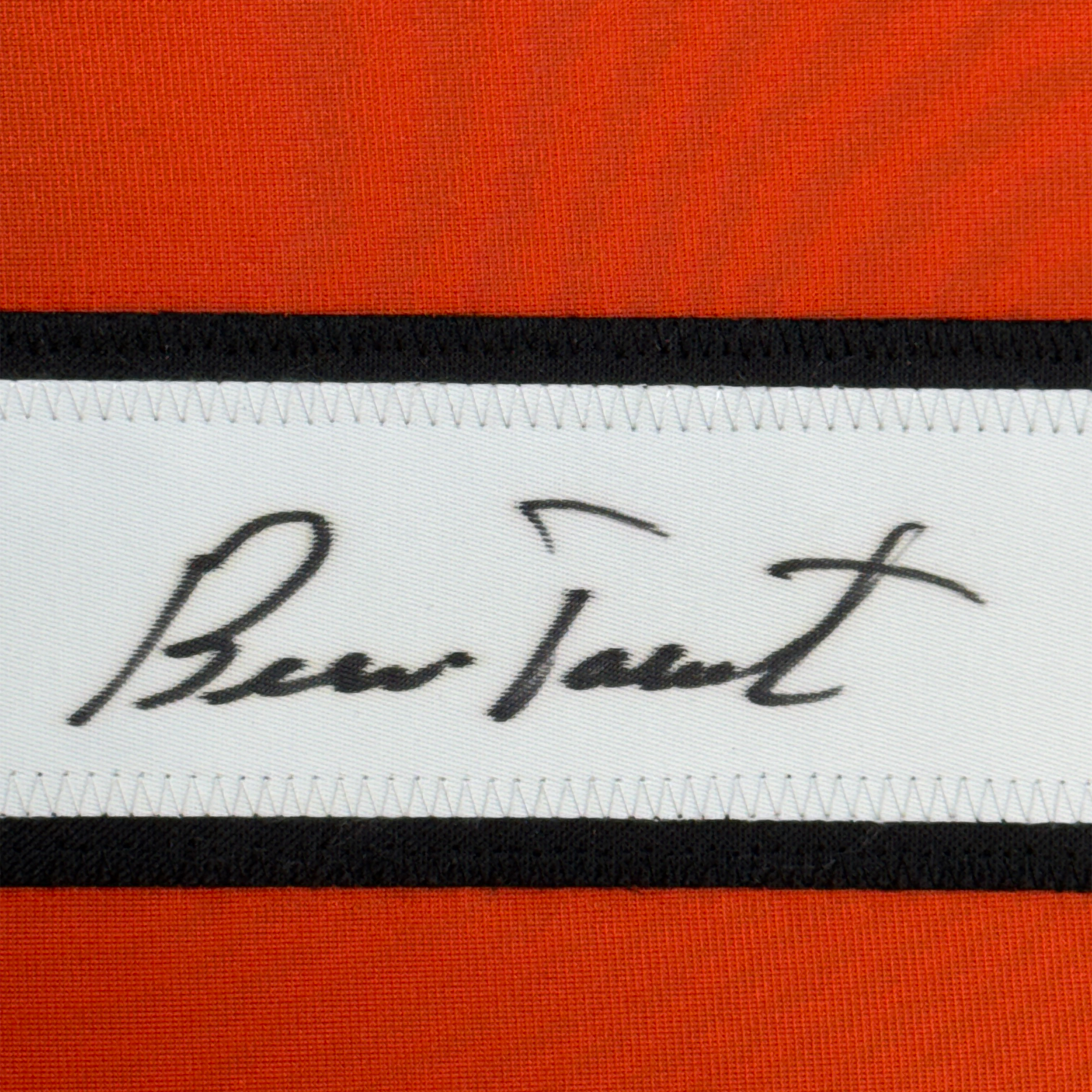 Framed Autographed/Signed Bernie Parent 35x39 Philadelphia Orange Hockey Jersey JSA COA