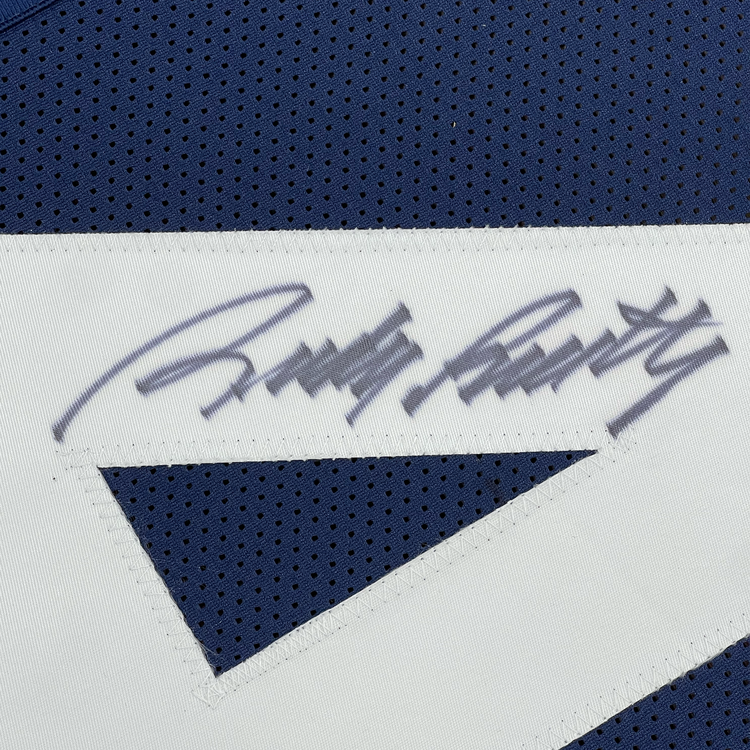 Framed Autographed/Signed Rudy Ruettiger 35x39 Notre Dame Blue College Football Jersey JSA COA
