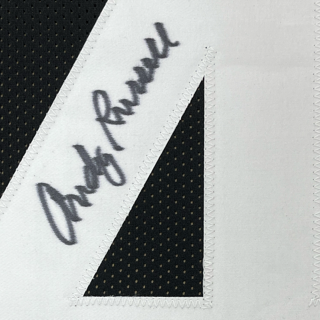 Framed Autographed/Signed Andy Russell 2x Super Bowl Champs 35x39 Pittsburgh Black Football Jersey JSA COA