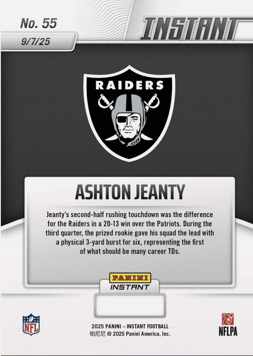 2025-panini-instant-nfl-ashton-jeanty-55-auto-99-las-vegas-raiders-rookie-rc-football-card