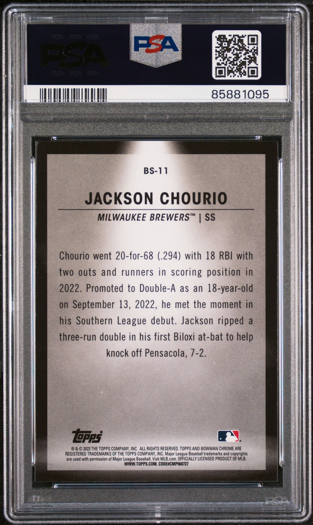 Graded 2023 Topps Bowman Jackson Chourio #BS11 Spotlights Rookie RC Baseball Card PSA 10 Gem Mint