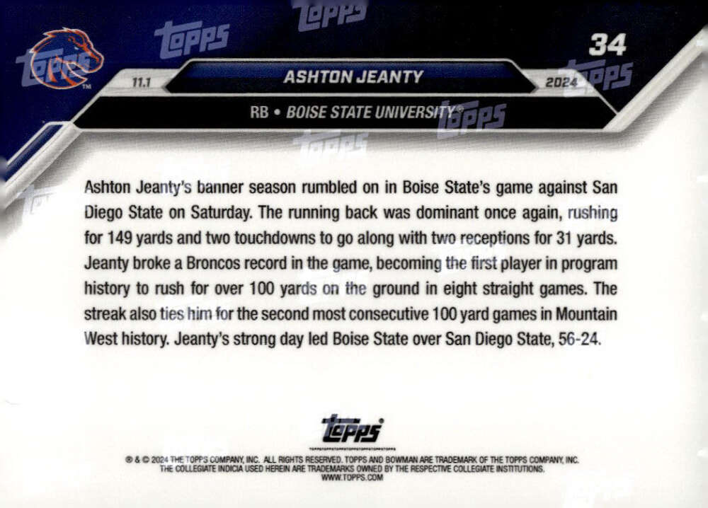 2024-topps-bowman-u-now-ashton-jeanty-34-blue-49-boise-state-broncos-rookie-rc-football-card