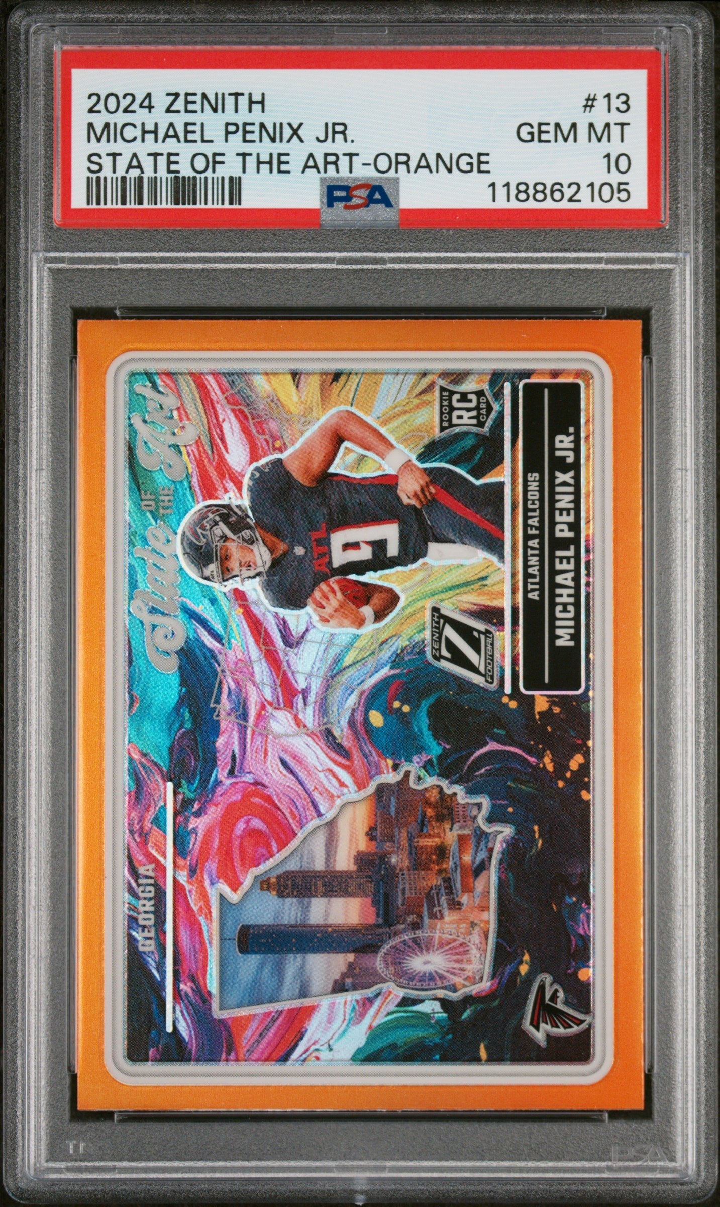 Graded 2024 Panini Zenith Michael Penix Jr #13 State of the Art Orange Rookie RC Football Card PSA 10 Gem Mint
