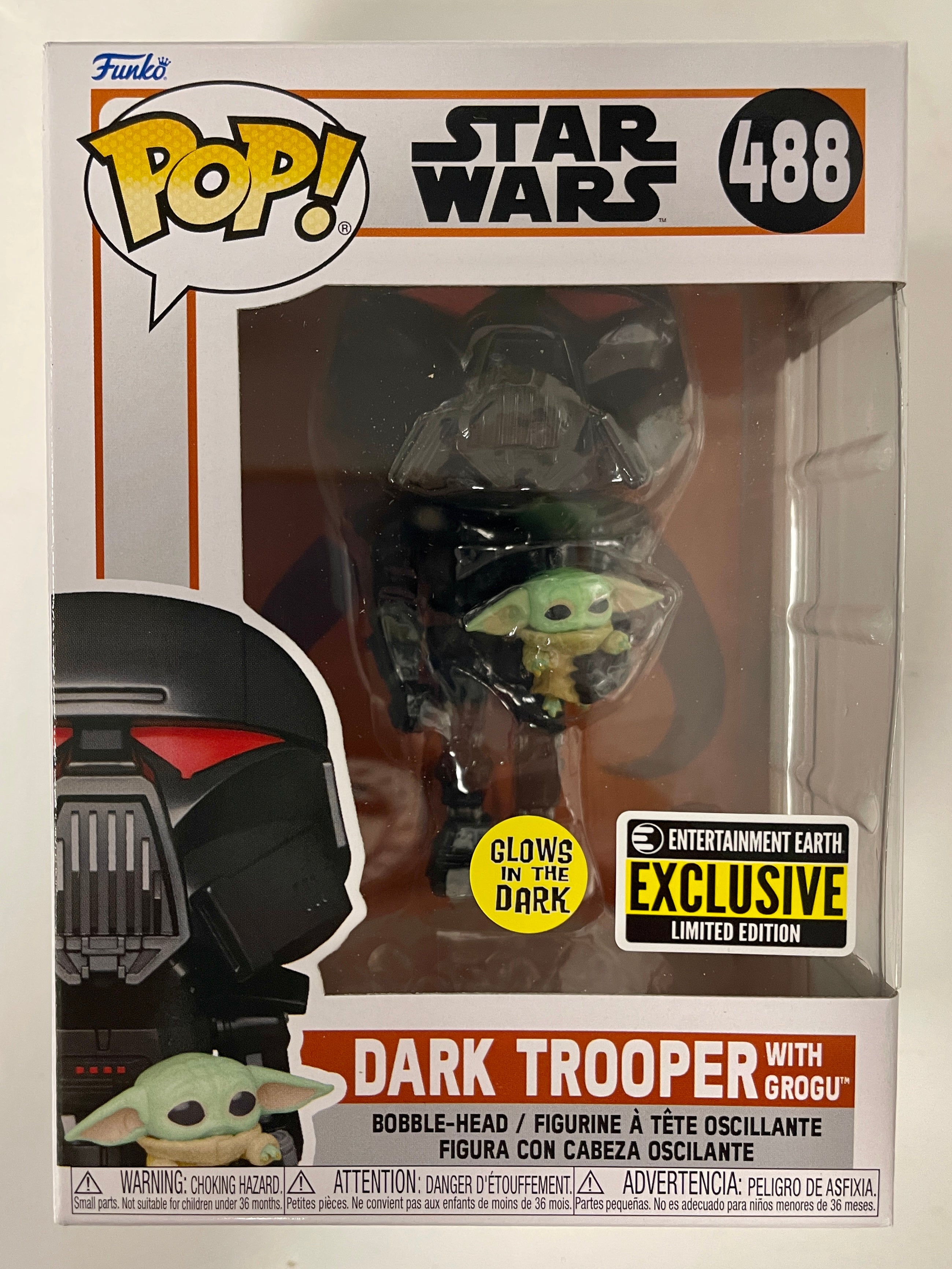 Funko Pop! Flying Dark Trooper With Grogu #488 Star Wars Glow EE 2022 Exclusive