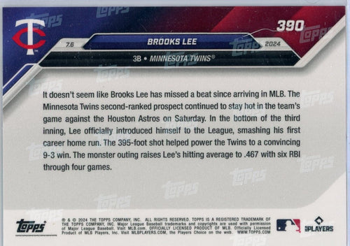 2024-topps-now-brooks-lee-390-blue-49-minnesota-twins-rookie-rc-baseball-card