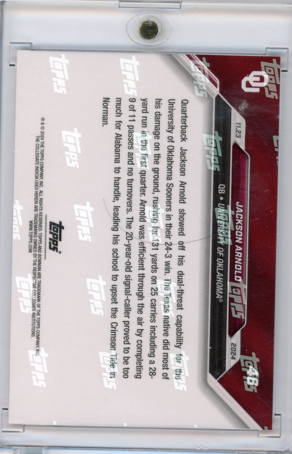 2024-topps-bowman-u-now-jackson-arnold-46-purple-25-oklahoma-sooners-rookie-rc-football-card