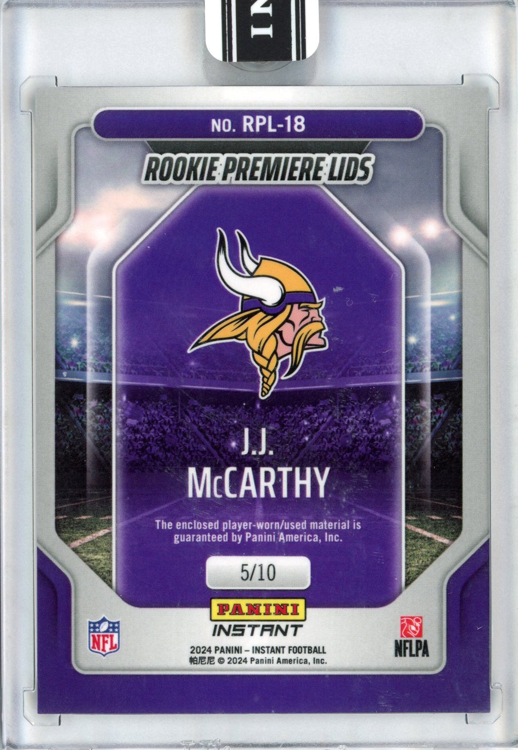 2024-panini-instant-jj-mccarthy-rpl-18-rookie-premiere-lids-10-rookie-rc-football-card