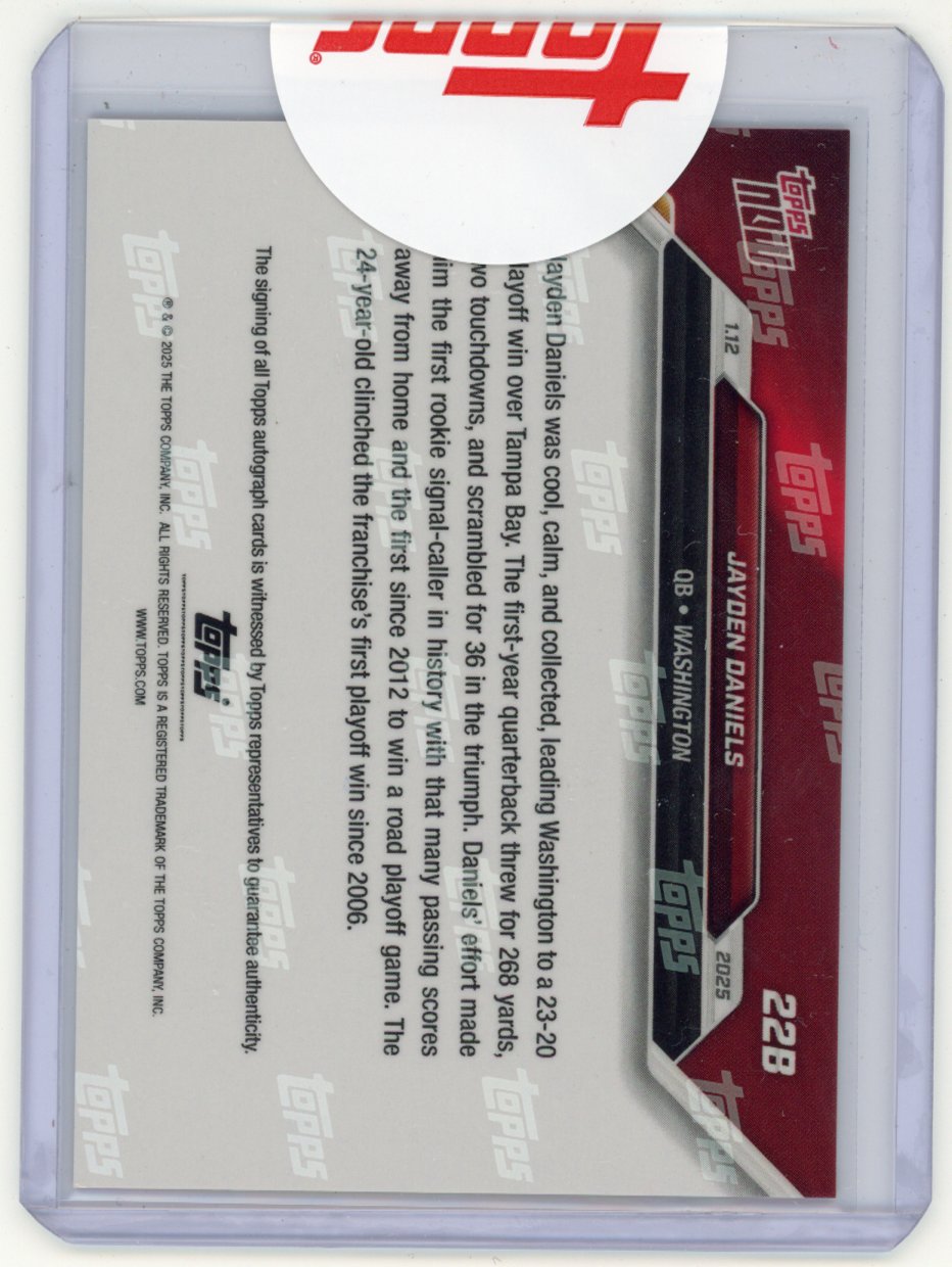 2024-topps-now-jayden-daniels-22b-1st-playoff-win-orange-auto-5-washington-commanders-rookie-rc-football-card