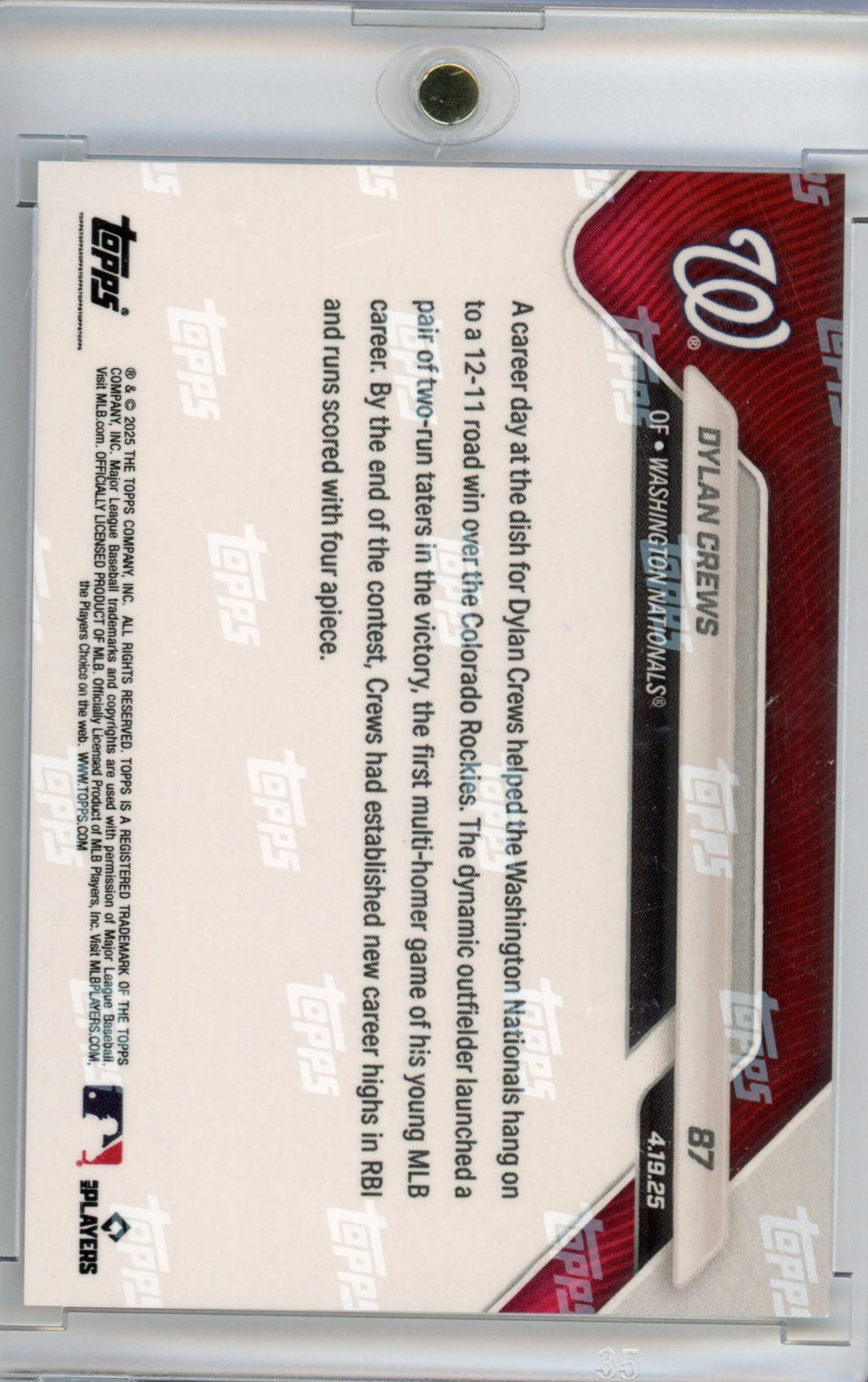 2025-topps-now-dylan-crews-87-gold-50-washington-nationals-rookie-rc-baseball-card