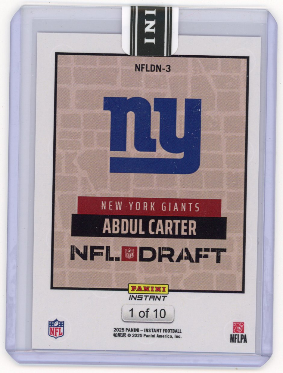 2025-panini-instant-nfl-abdul-carter-dn3-draft-night-red-10-new-york-giants-rookie-rc-football-card