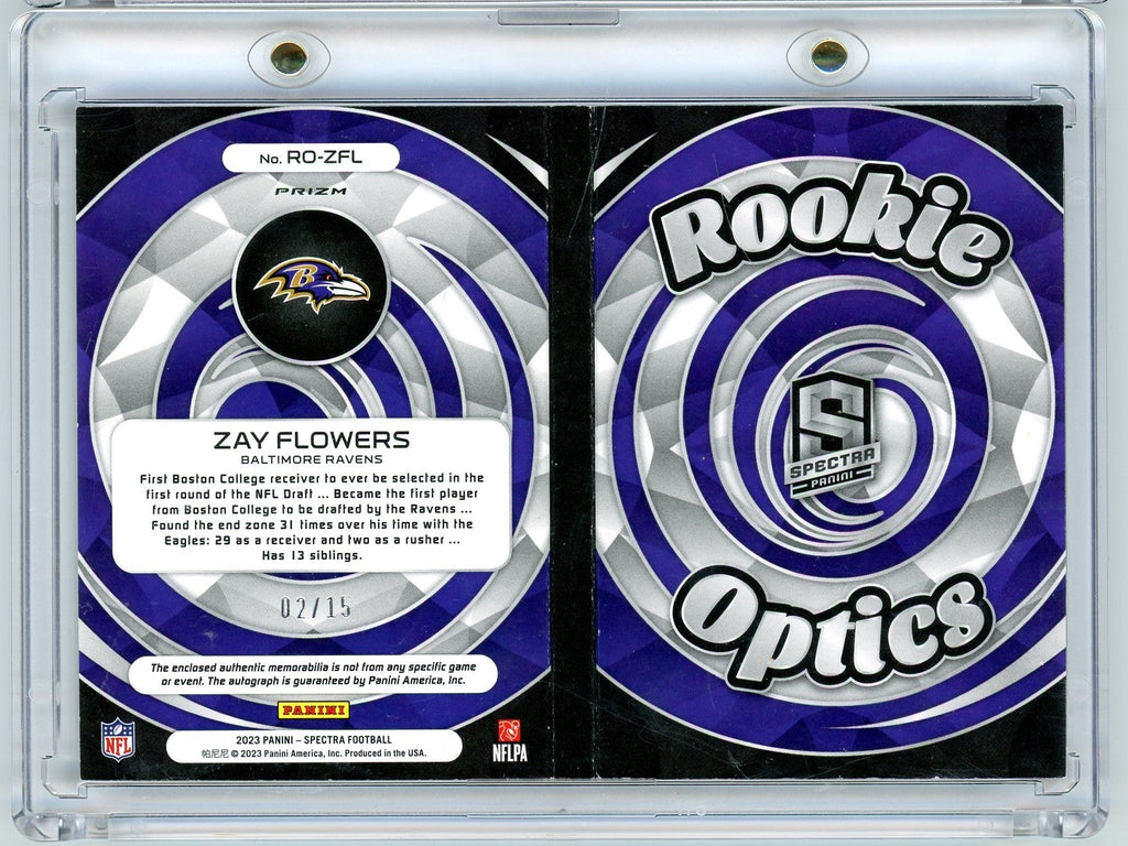 2023-panini-spectra-rookie-optics-zay-flowers-rozfl-15-booklet-auto-rookie-rc-football-card