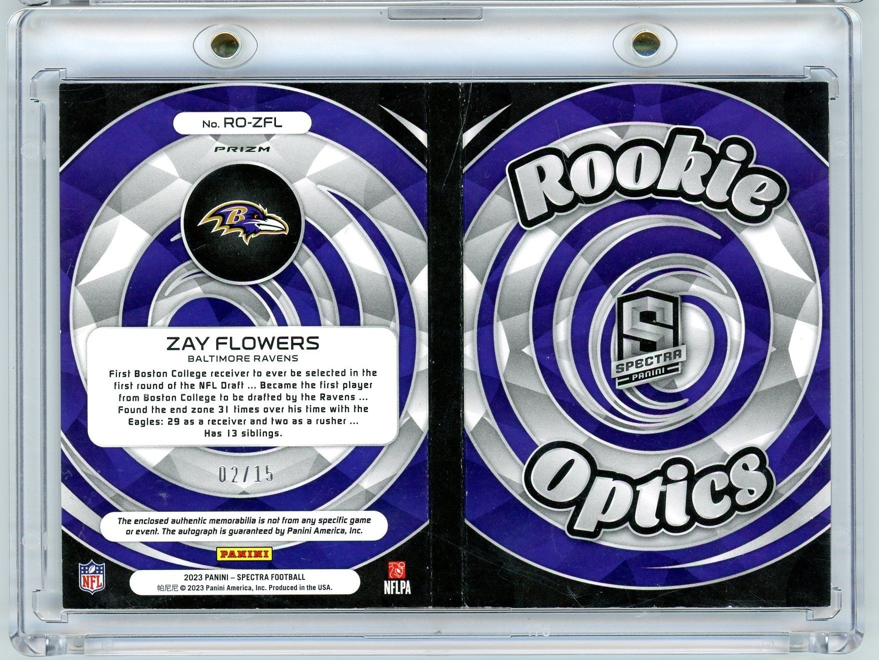 2023-panini-spectra-rookie-optics-zay-flowers-rozfl-15-booklet-auto-rookie-rc-football-card
