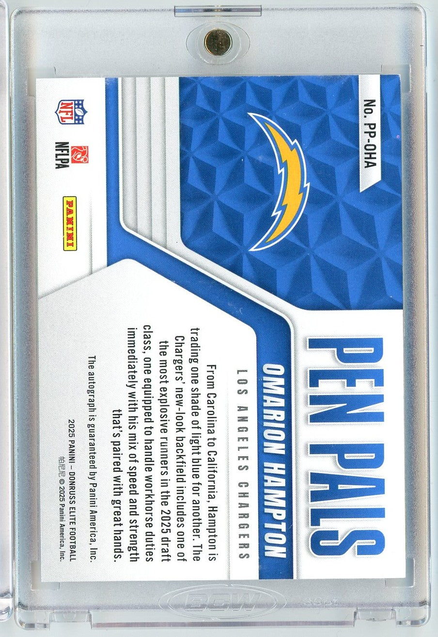 2025-donruss-elite-pen-pals-omarion-hampton-ppoha-purple-auto-rookie-rc-football-card