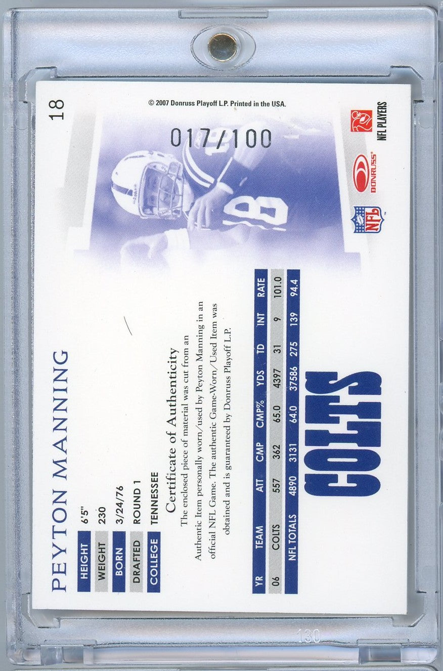 2007-donruss-threads-peyton-manning-18-100-player-worn-relic-football-card