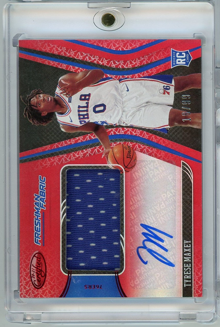 2020-panini-certified-tyrese-maxey-ff-max-99-freshman-fabric-rookie-patch-auto-rookie-rc-basketball-card