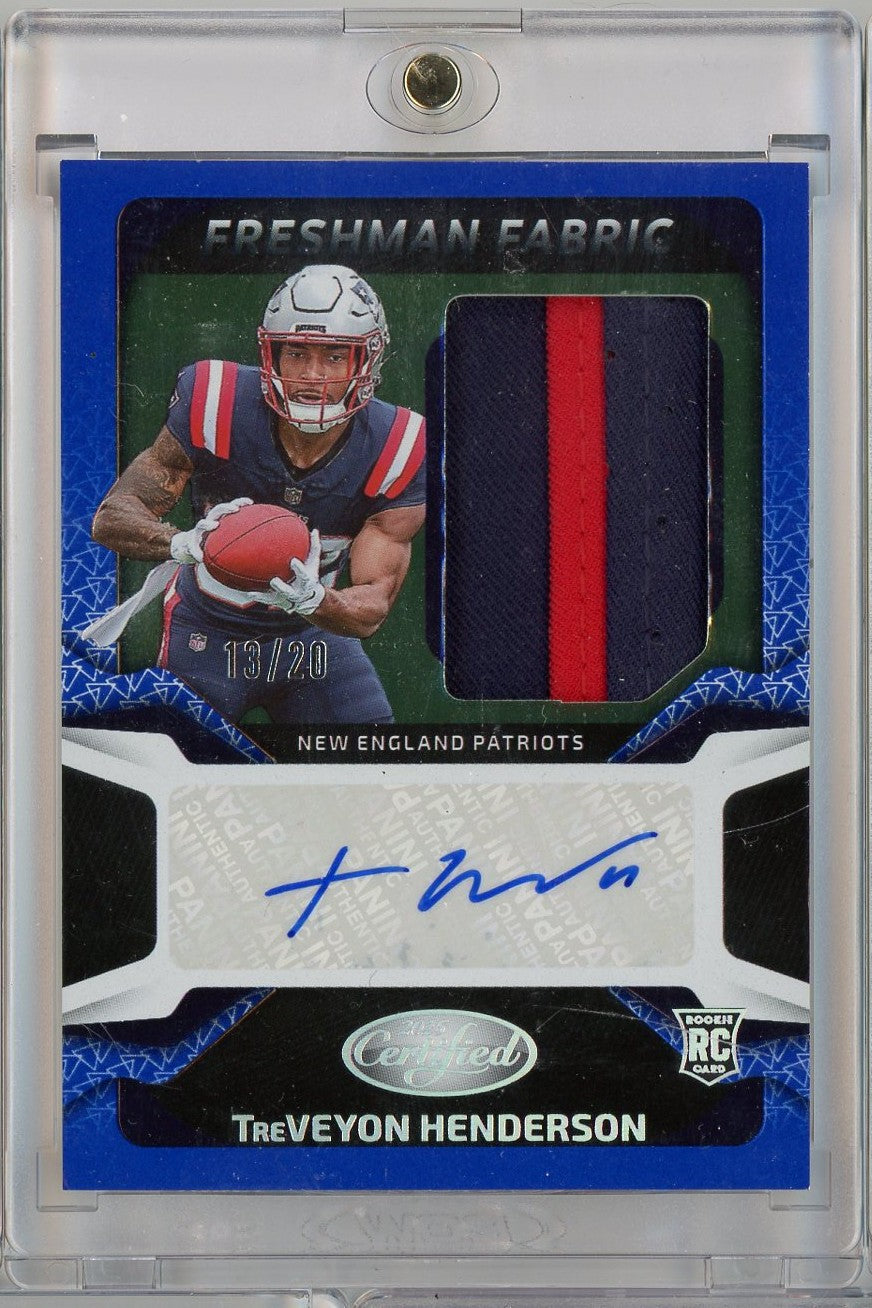 2025-panini-certified-freshman-fabric-treveyon-henderson-fbcthn-20-relic-auto-new-england-patriots-rookie-rc-football-card