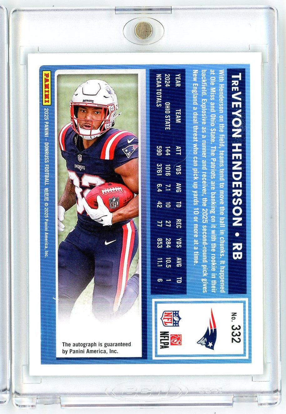 2025-panini-donruss-treveyon-henderson-332-green-auto-new-england-patriots-rookie-rc-football-card