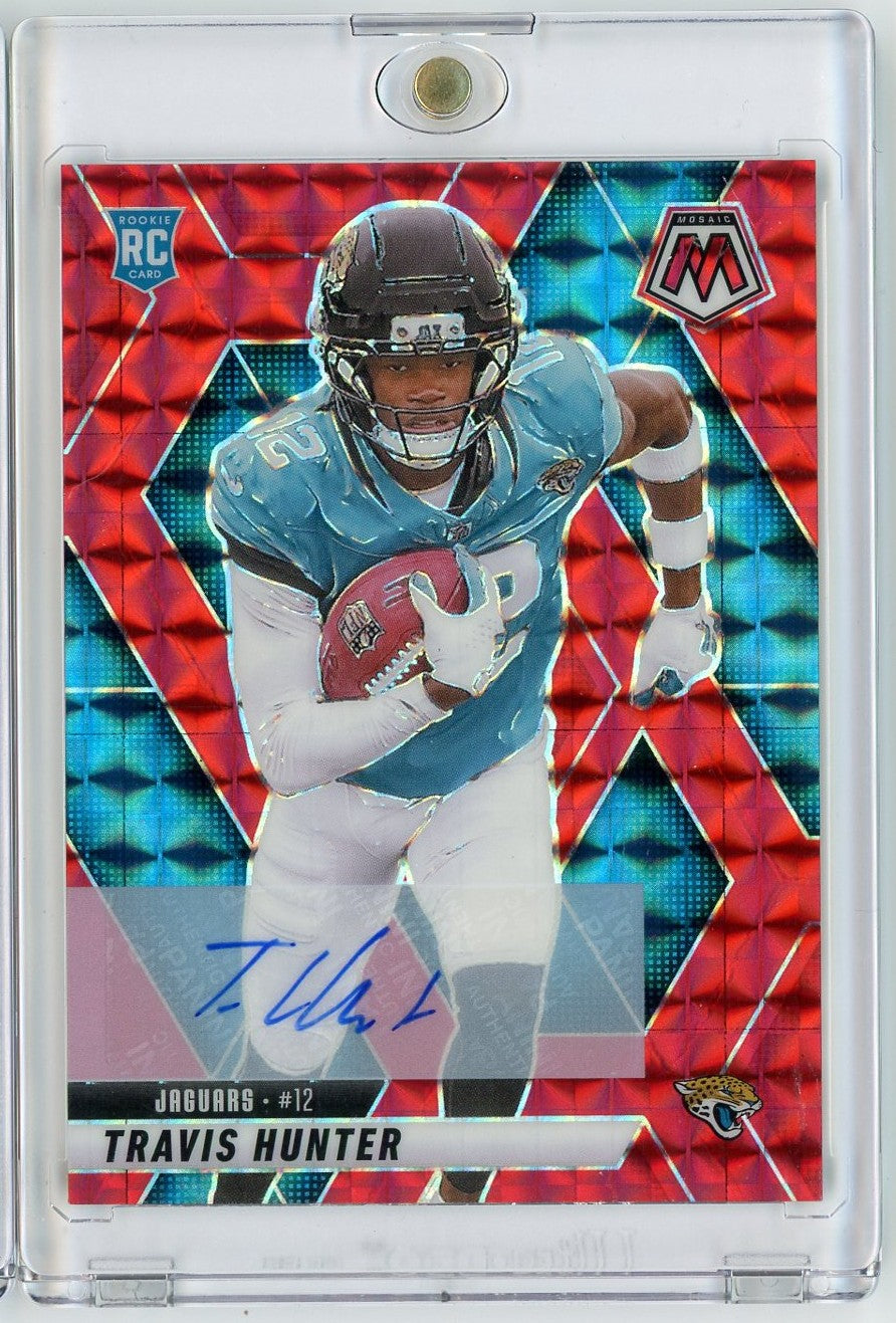 2025-panini-mosaic-travis-hunter-301-199-red-mosaic-auto-rookie-rc-football-card