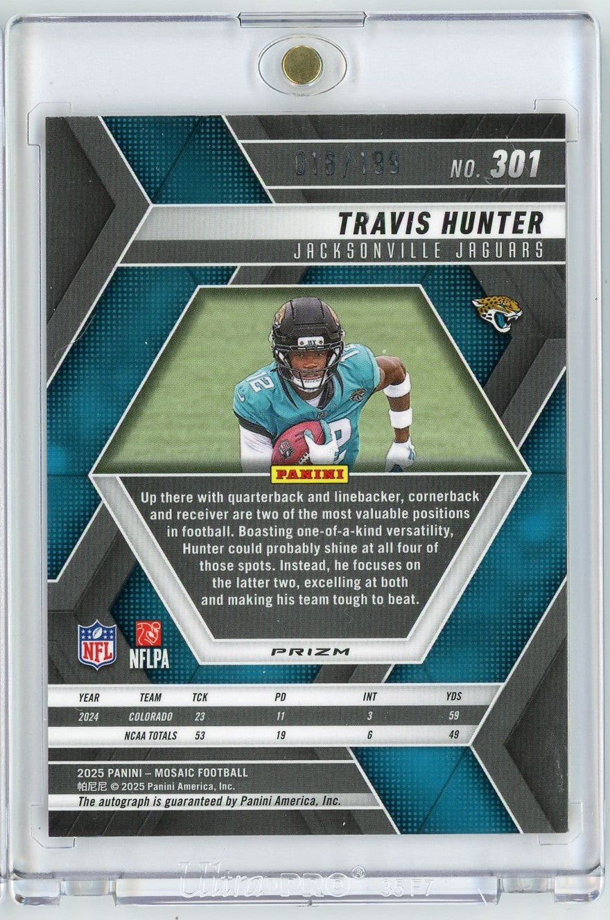 2025-panini-mosaic-travis-hunter-301-199-red-mosaic-auto-rookie-rc-football-card