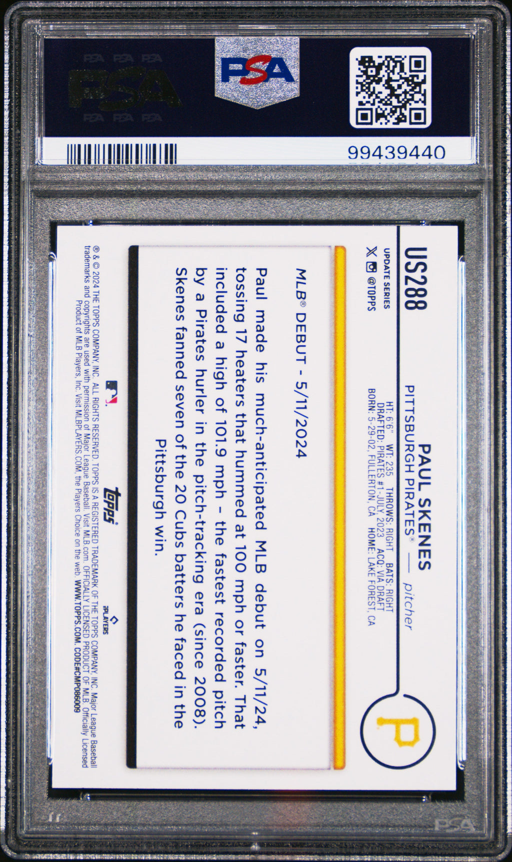 Graded 2024 Topps Update Paul Skenes #US288 Rookie RC Baseball Card PSA 10 Gem Mint