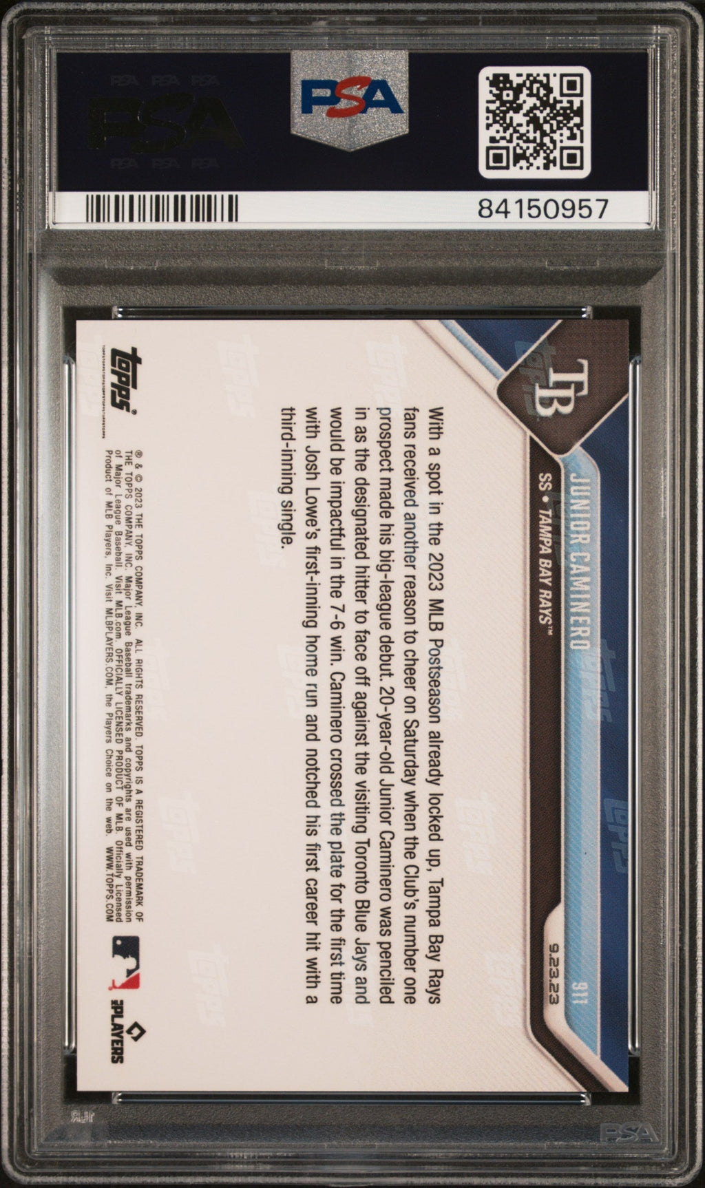 Graded 2023 Topps Now Junior Caminero #911 Rookie RC Baseball Card PSA 10 Gem Mint