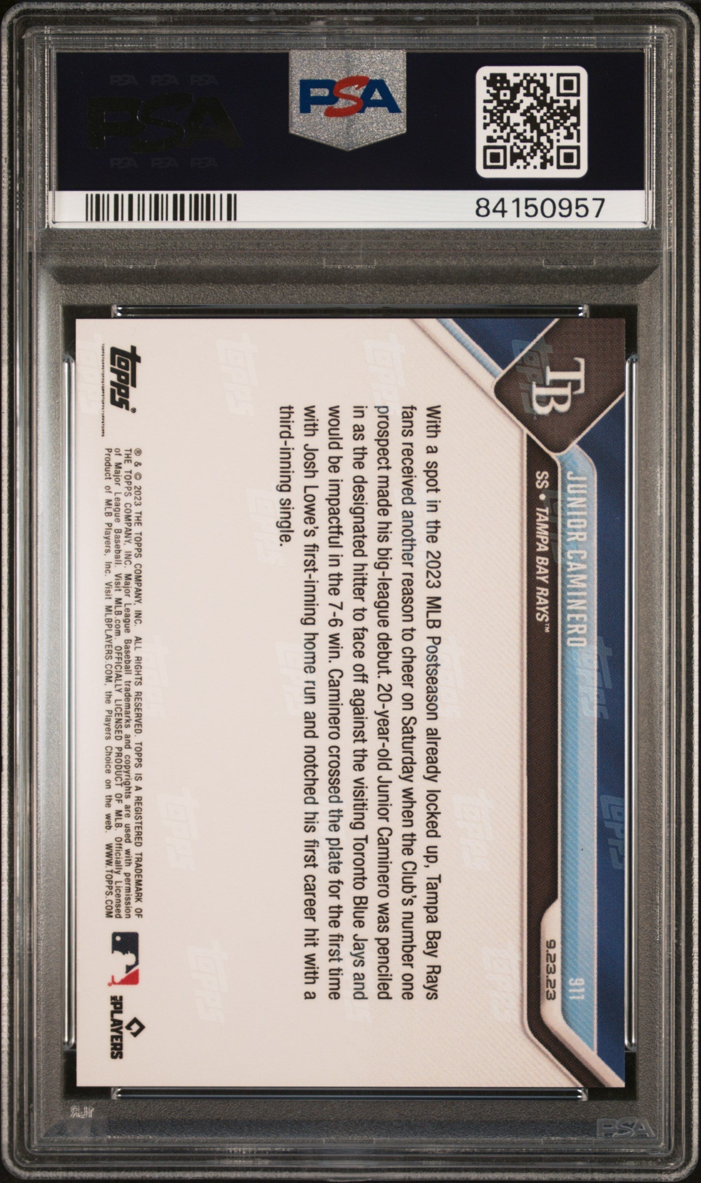 Graded 2023 Topps Now Junior Caminero #911 Rookie RC Baseball Card PSA 10 Gem Mint